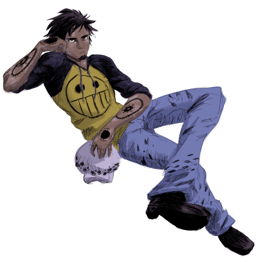 1boy, absurdres, arm_tattoo, closed_mouth, crossed_legs, facial_hair, full_body, goatee