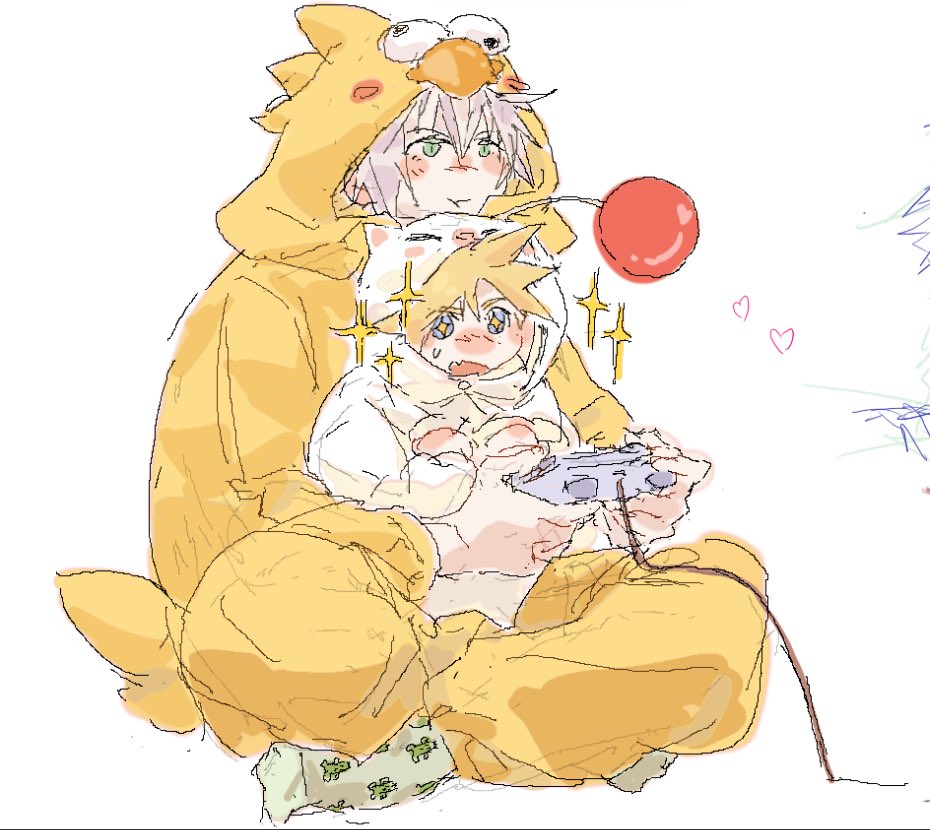 2boys, age_difference, aged_down, blonde_hair, blush_stickers, cheek_squash, child, chocobo_costume