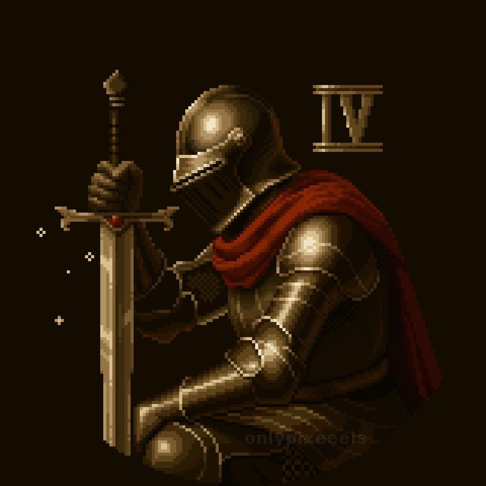 1other, armor, black_background, cape, english_text, faceless, gem, helmet, highres, holding, holding_sword, holding_weapon, kneeling, knight, onlypixeeels, original, ornate_weapon, pixel_art, red_cape, sparkle, sword, upper_body, weapon