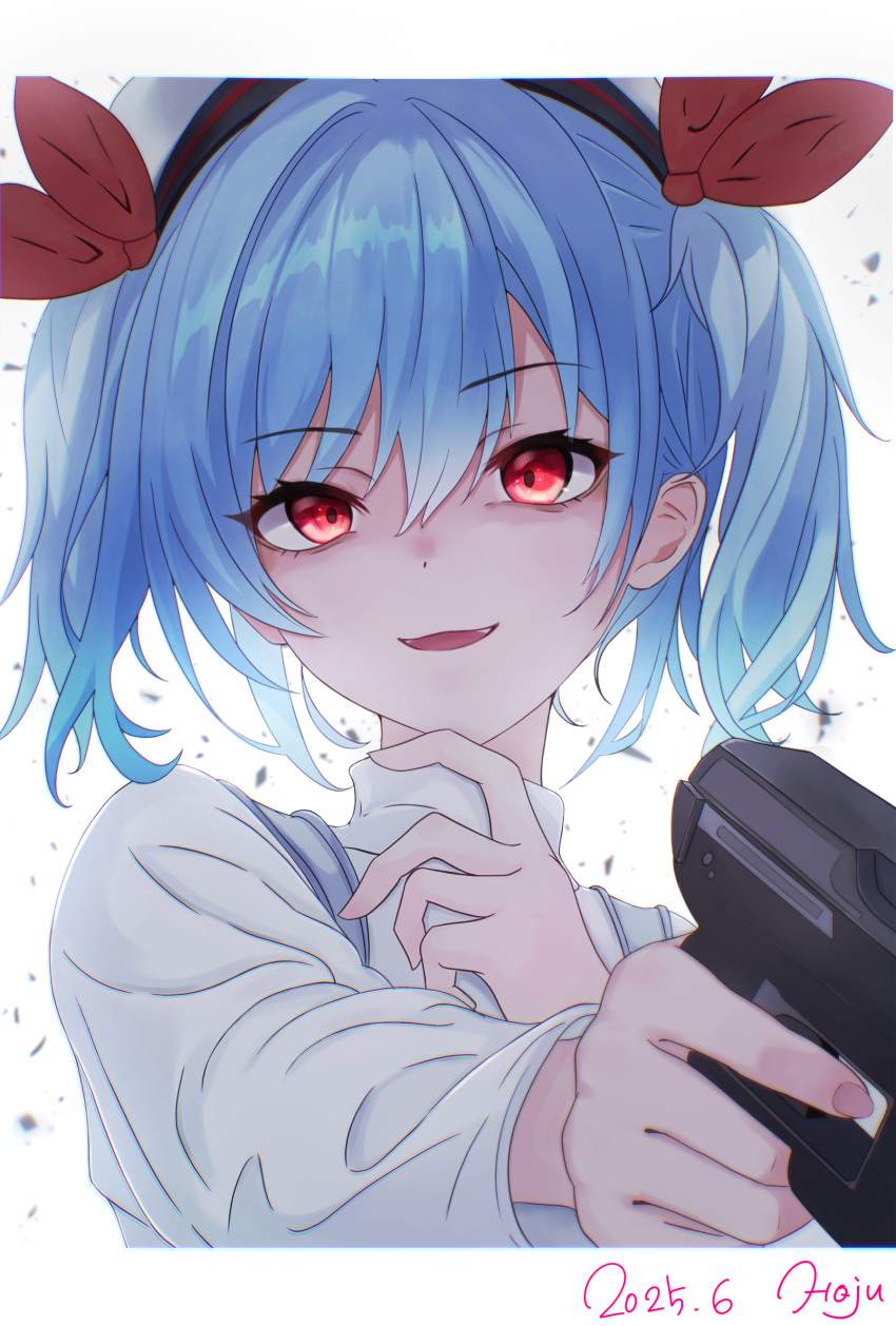 1girl, absurdres, aiming, blue_hair, colphne_(girls'_frontline_2), evil_eyes, evil_smile, from_below