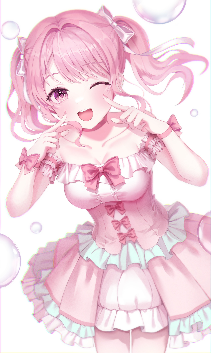 1girl, ;d, absurdres, bang_dream!, bow, braid, highres, looking_at_viewer