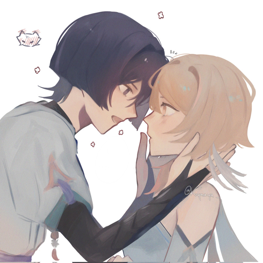 1boy, 1girl, armor, black_bridal_gauntlets, black_hair, blonde_hair, blue_sleeves, blue_trim