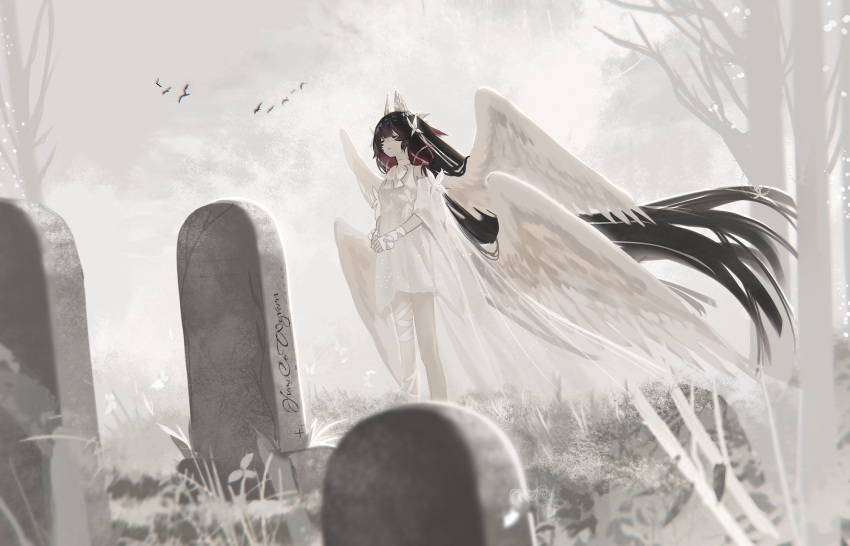 1girl, absurdly_long_hair, angel_wings, artist_name, bandaged_leg, bandages, bird, black_hair