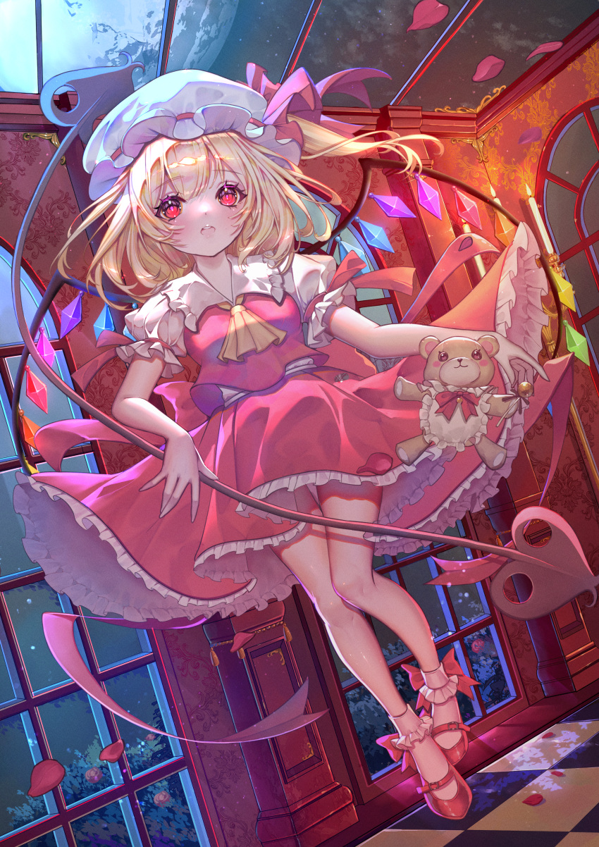 1girl, absurdres, arua, blonde_hair, crystal_wings, flandre_scarlet, flying, full_moon, glass_ceiling, hat, highres, indoors, laevatein_(touhou), looking_at_viewer, medium_hair, mob_cap, moon, open_mouth, red_eyes, red_shirt, red_shoes, red_skirt, shirt, shoes, skirt, socks, solo, stuffed_animal, stuffed_toy, teddy_bear, teeth, touhou, upper_teeth_only, white_hat, white_socks