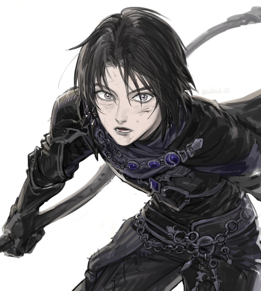1girl, androgynous, armor, black_cape, black_gloves, black_hair, black_pants, cape