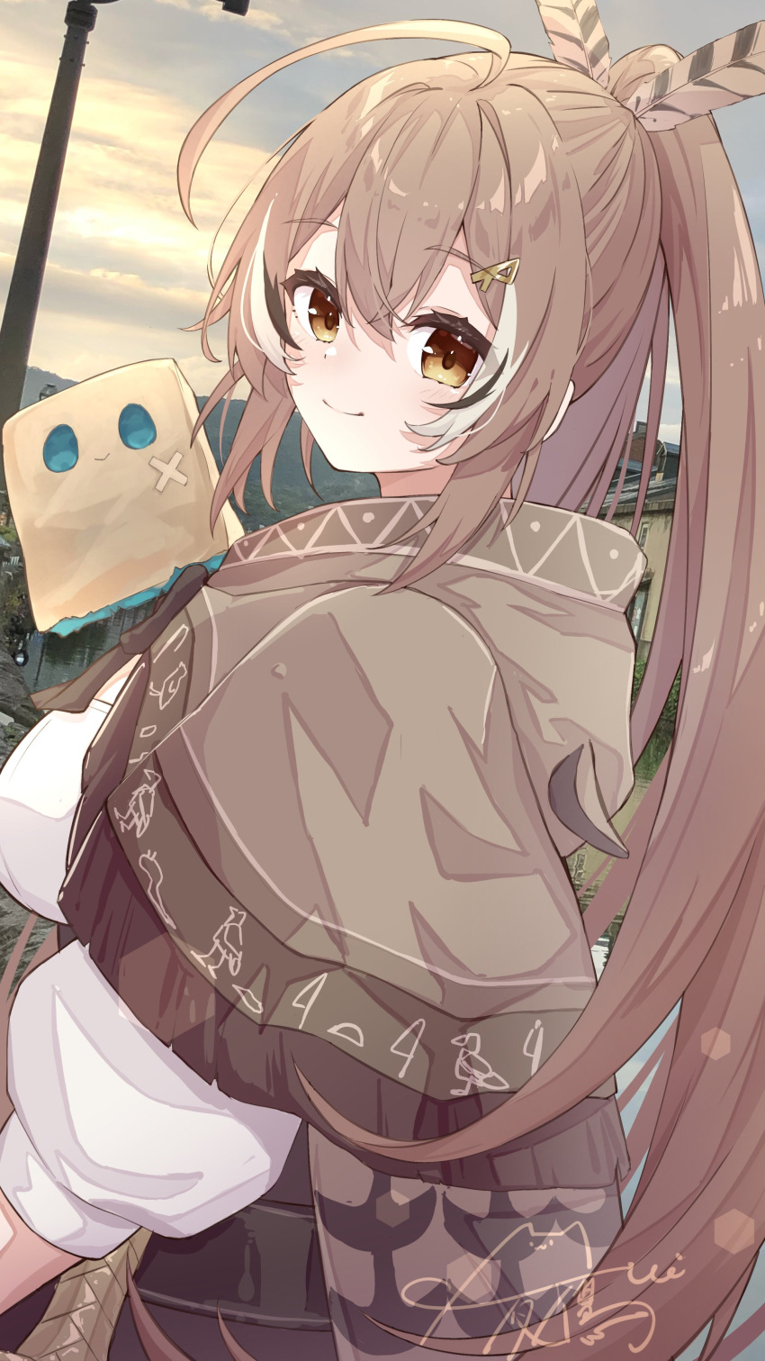 1girl, absurdres, ahoge, belt, brown_capelet, brown_cloak, brown_eyes, brown_hair