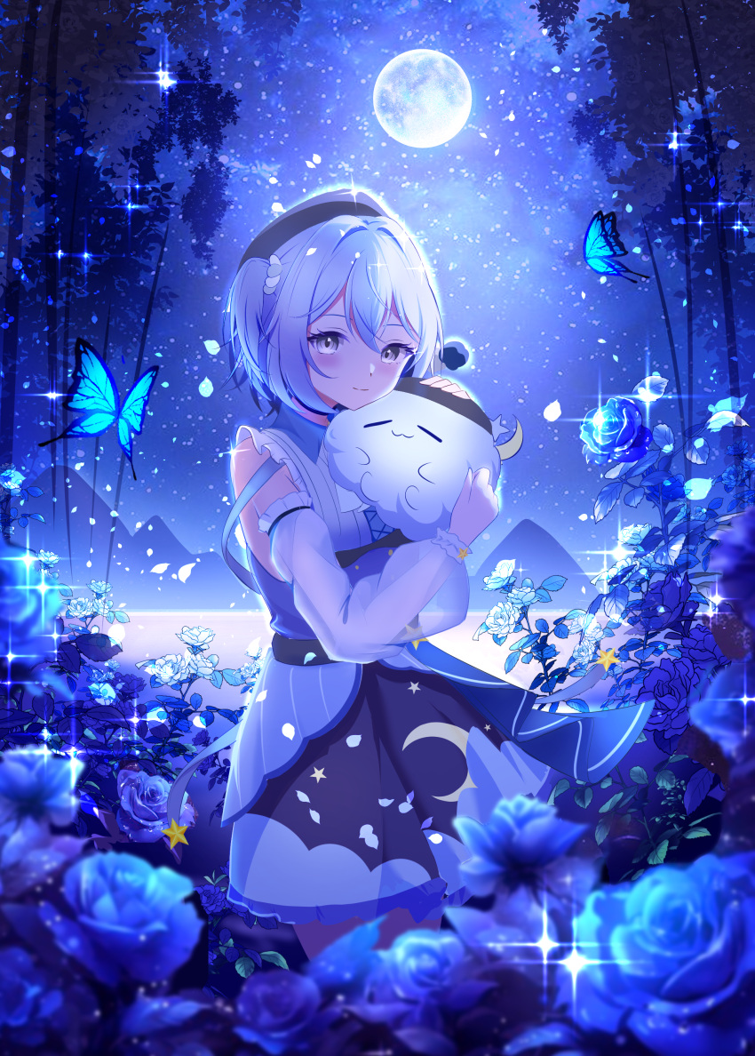 1girl, absurdres, black_hairband, blue_butterfly, blue_flower, blue_hair, blush, bug, butterfly, closed_mouth, commentary, detached_sleeves, dress, flower, full_moon, grey_eyes, hairband, highres, holding, long_sleeves, looking_at_viewer, moon, night, night_sky, original, outdoors, see-through_clothes, see-through_sleeves, shou_choujin_juntuan, sky, sleeveless, sleeveless_dress, smile, solo, star_(sky), starry_sky, white_sleeves