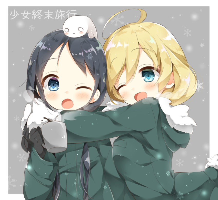 2girls, ;d, ;o, ahoge, animal_on_head, aqua_eyes, black_hair, blonde_hair
