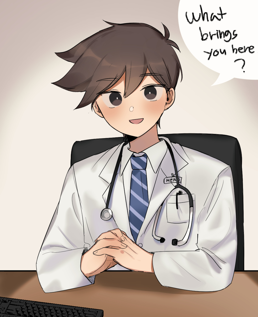 1boy, :d, antenna_hair, blue_necktie, blush, bright_pupils, brown_eyes, brown_hair