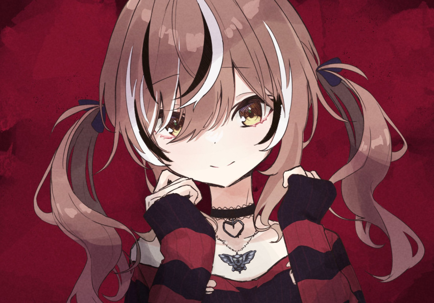 1girl, bird, black_choker, black_ribbon, black_sweater, brown_eyes, brown_hair, chain