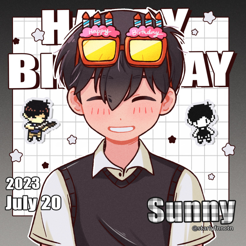 1boy, 2023, :d, ^_^, antenna_hair, black_border, black_hair, black_sweater_vest