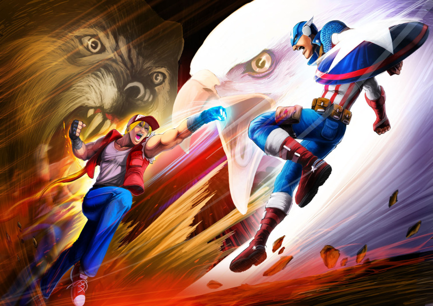 bird, blonde_hair, blue_eyes, captain_america, crossover, eagle, epic, fatal_fury, hat, king_of_fighters, male, marvel, redneck, saltheman, snk, steve_rogers, terry_bogard, wolf