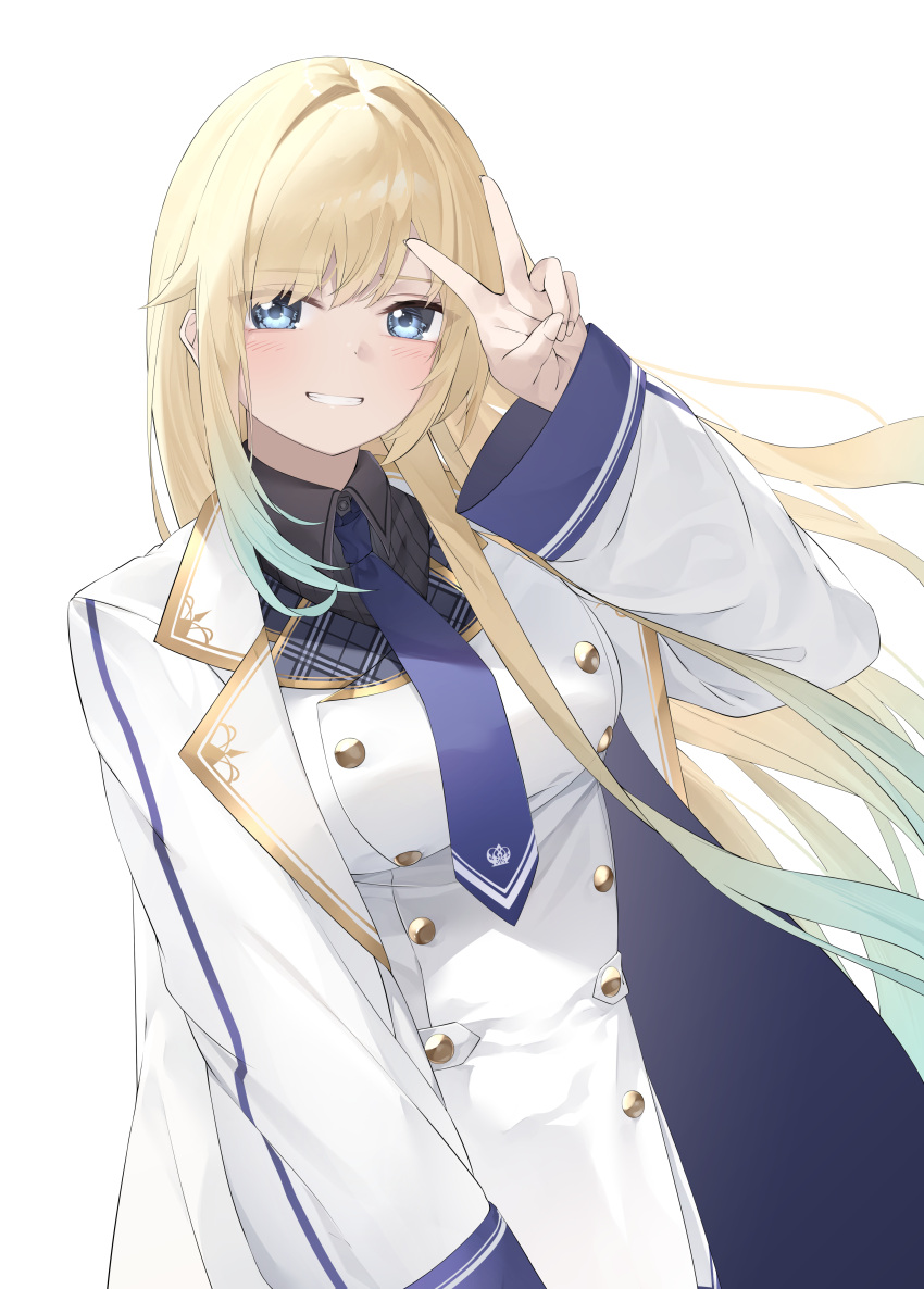 1girl, absurdres, aizawa_ema, aizawa_ema_(2nd_costume), black_shirt, blonde_hair, blue_coat, blue_eyes