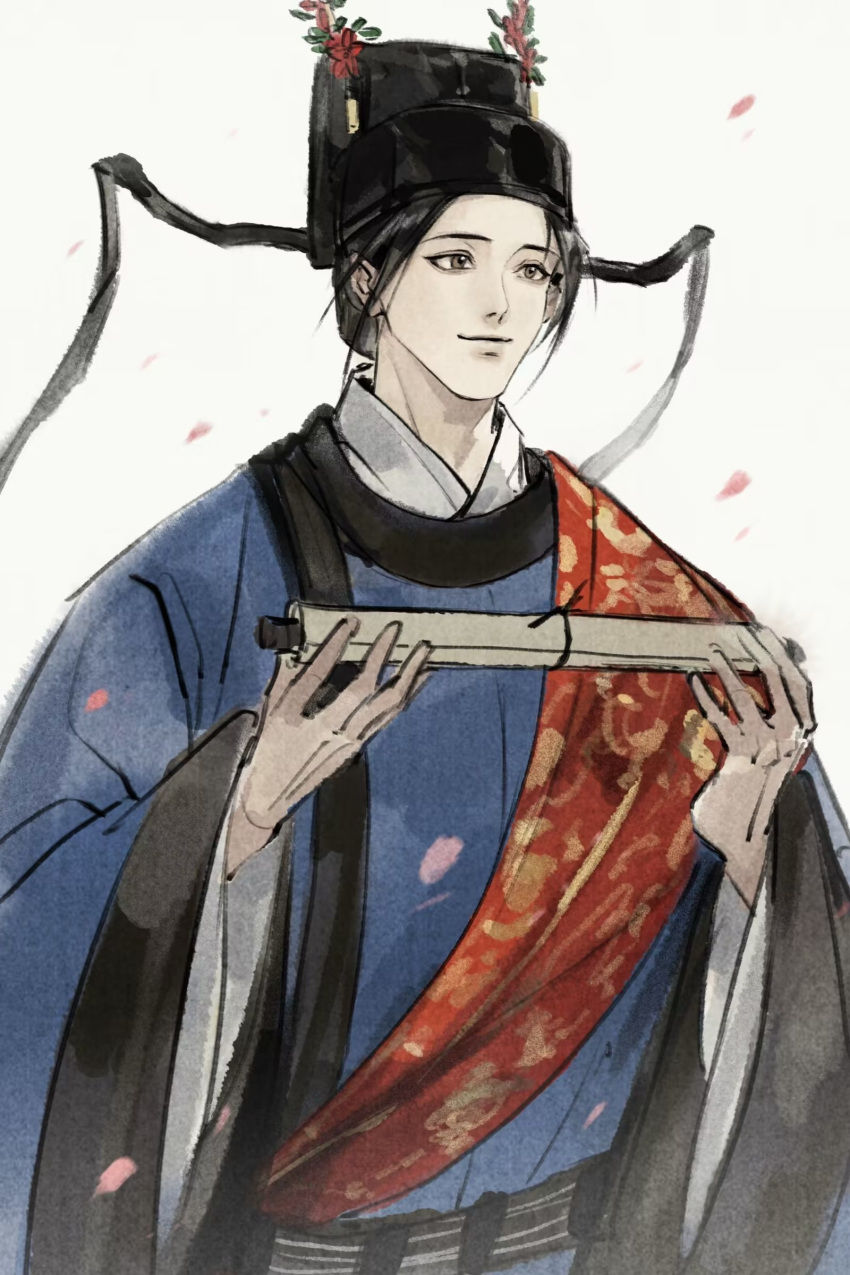 111218422, 1boy, absurdres, alternate_costume, black_hair, black_hat, blue_hanfu, brown_eyes