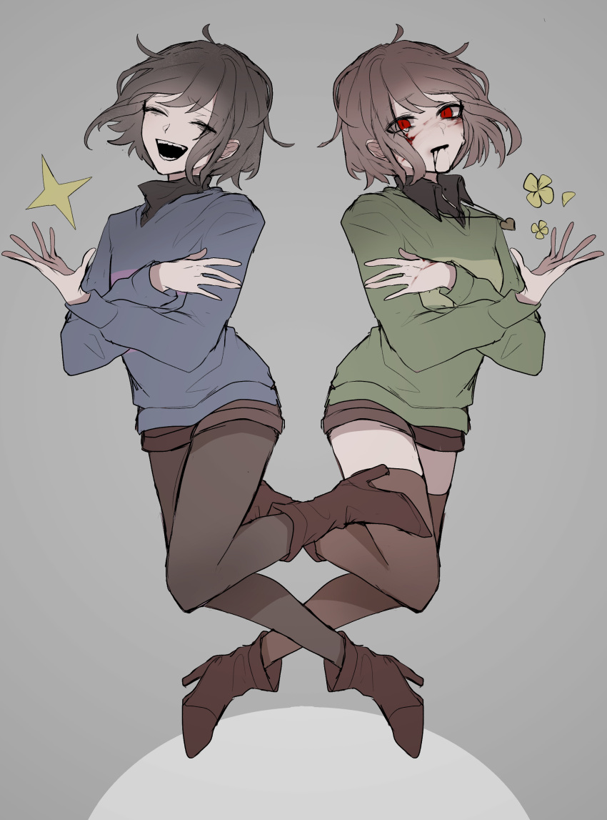 2others, absurdres, animification, black_hair, blood, blood_from_mouth, blood_on_face, blue_sweater