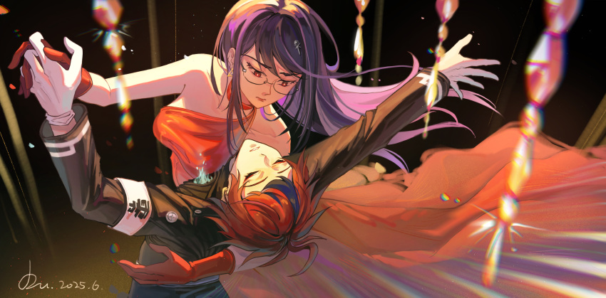 1boy, 1girl, absurdres, alternate_costume, armband, black_jacket, blue_hair, breasts, closed_eyes, closed_mouth, commentary_request, dancing, dated, dress, du_da_la, floating_hair, formal_clothes, gakuran, glasses, gloves, highres, holding_hands, jacket, long_hair, looking_at_another, medium_breasts, multicolored_hair, purple_hair, red_dress, red_eyes, red_gloves, red_hair, school_uniform, shizuhara_hiruko, short_hair, signature, sleeveless, sleeveless_dress, streaked_hair, sumino_takumi, the_hundred_line_-last_defense_academy-, two-tone_hair, waltz_(dance), white_armband