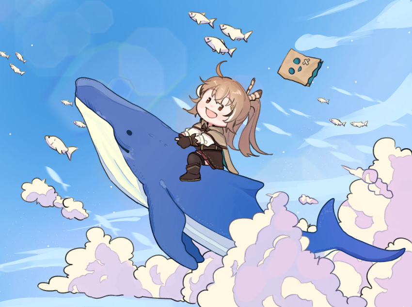 1girl, ahoge, ankle_boots, belt, blue_sky, boots, brown_capelet, brown_cloak