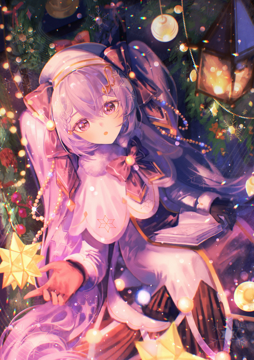 1girl, :o, black_gloves, blush, book, book_on_lap, bow, capelet