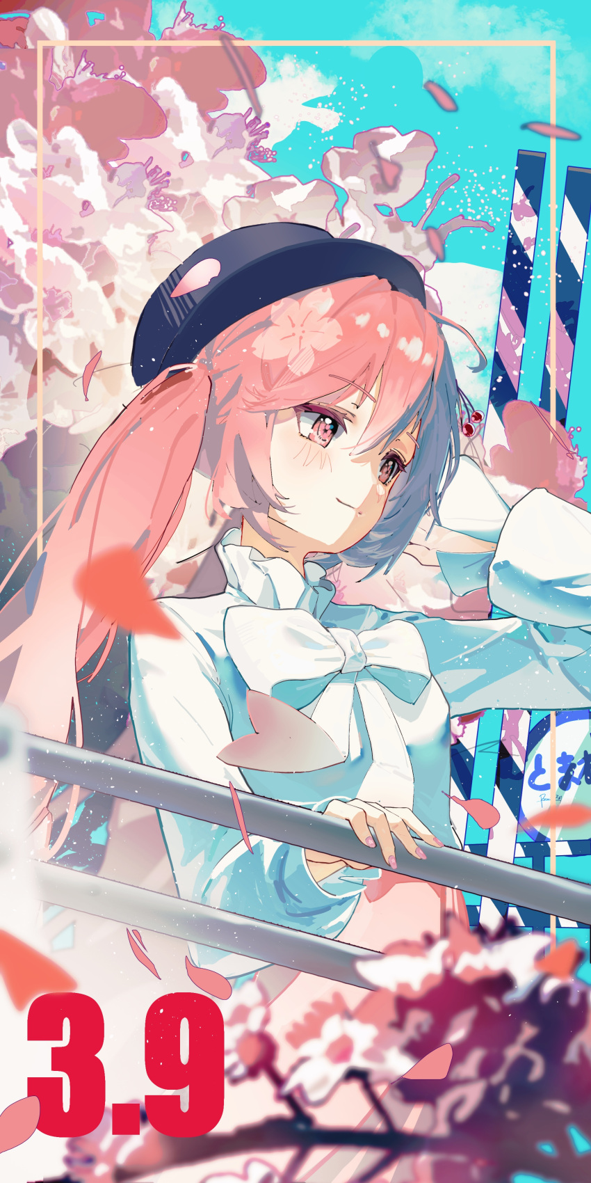 1girl, absurdres, ahoge, arm_up, black_hat, blurry, blurry_foreground, blush