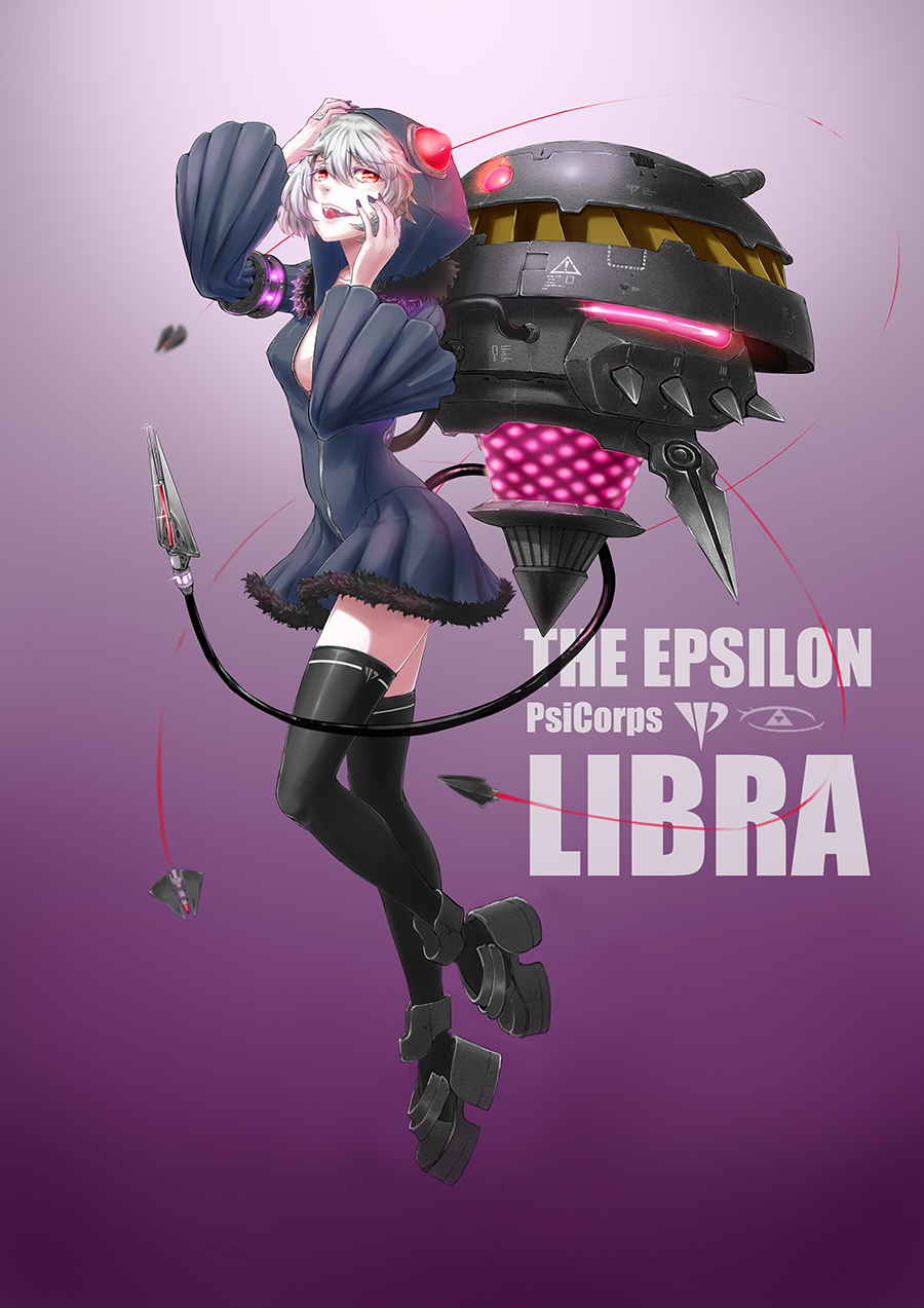 1girl, armlet, black_thighhighs, breasts, character_name, command_&amp;_conquer, command_&amp;_conquer:_red_alert, command_&amp;_conquer:_red_alert_2, crazy_smile, dart, dress, english_text, floating, frank_patriot, fur-trimmed_dress, fur_trim, grey_hood, hands_on_own_face, highres, hood, hood_up, horned_hood, horns, jewelry, libra_(mental_omega), machine, machinery, mechanical_tail, mental_omega_(mod), no_bra, pale_skin, pleated_dress, pleated_sleeves, psi-corps_symbol, red_eyes, resh_vav_yod_symbol, shoes, small_breasts, smile, solo, tail, telekinesis, thigh-highs, zipper, zipper_dress