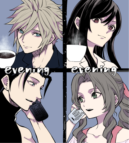2boys, 2girls, aerith_gainsborough, black_hair, black_sweater, blonde_hair, blue_eyes, brown_hair