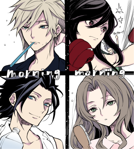 2boys, 3girls, aerith_gainsborough, arm_up, black_hair, blonde_hair, blue_eyes, bottle