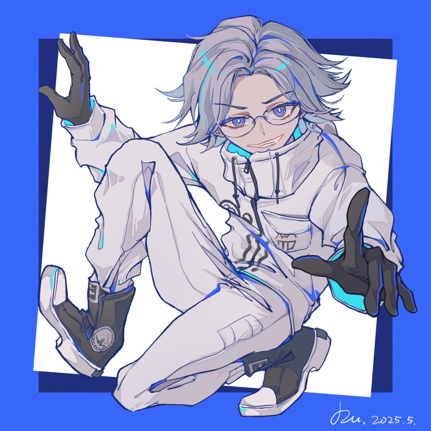 absurdres, aotsuki_eito, black_gloves, black_shoes, blue_background, blue_border, border, breast_pocket