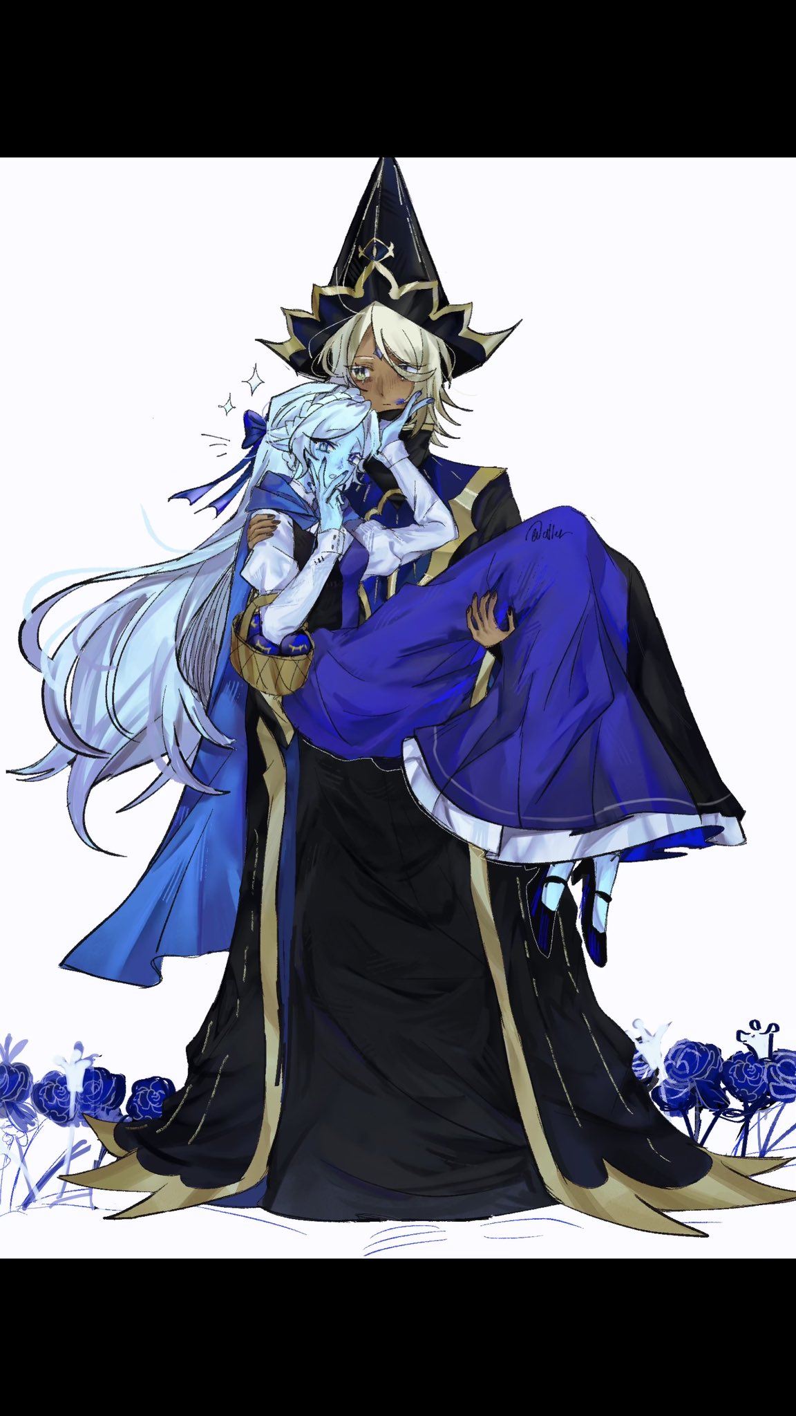 1boy, 1girl, asymmetrical_eyelashes, blonde_hair, blue_dress, blue_eyes, blue_robe, blue_skin