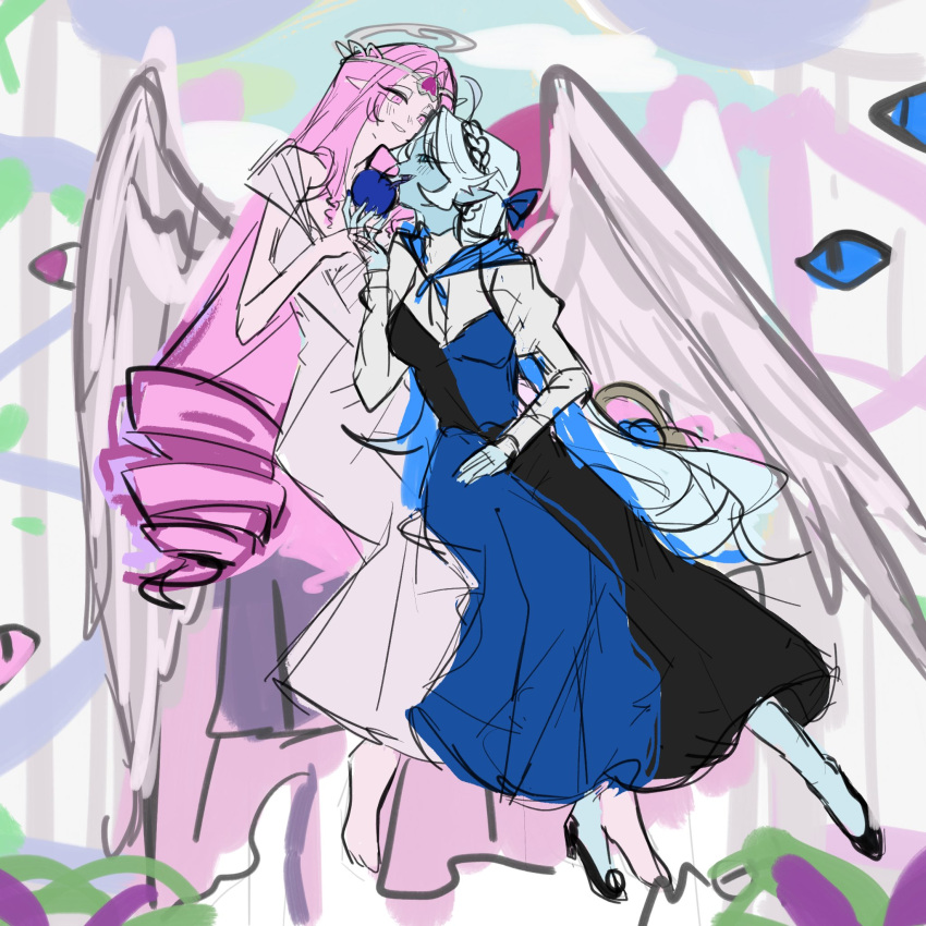 2girls, angel, angel_wings, blue_dress, blue_skin, cloak, colored_skin, cookie_run