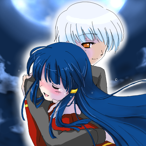 1boy, 1girl, amasawa_ikumi, blue_hair, boy_(moon), dark-skinned_male, dark_skin, full_moon