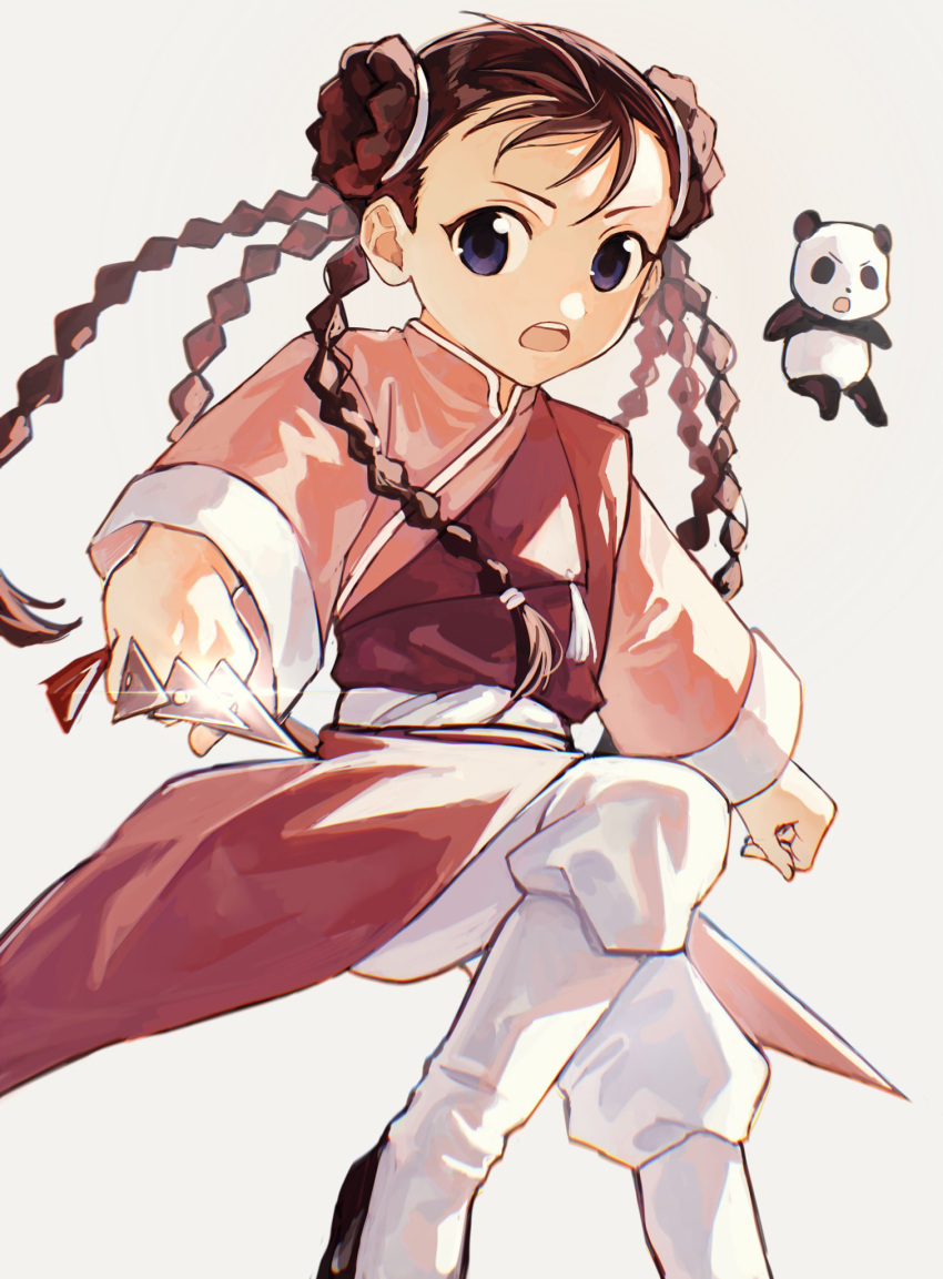 1girl, aka_(pixiv111240176), black_shoes, blue_eyes, braid, brown_hair, floating_hair, fullmetal_alchemist, grey_background, highres, holding, holding_weapon, long_hair, looking_at_viewer, may_chang, multiple_braids, open_mouth, panda, panties, pink_shirt, shirt, shoes, solo, underwear, very_long_hair, weapon, white_panties, xiao-mei