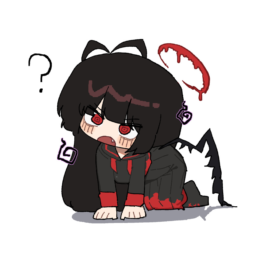 1girl, ?, all_fours, antenna_hair, black_hair, black_serafuku, black_skirt, black_wings