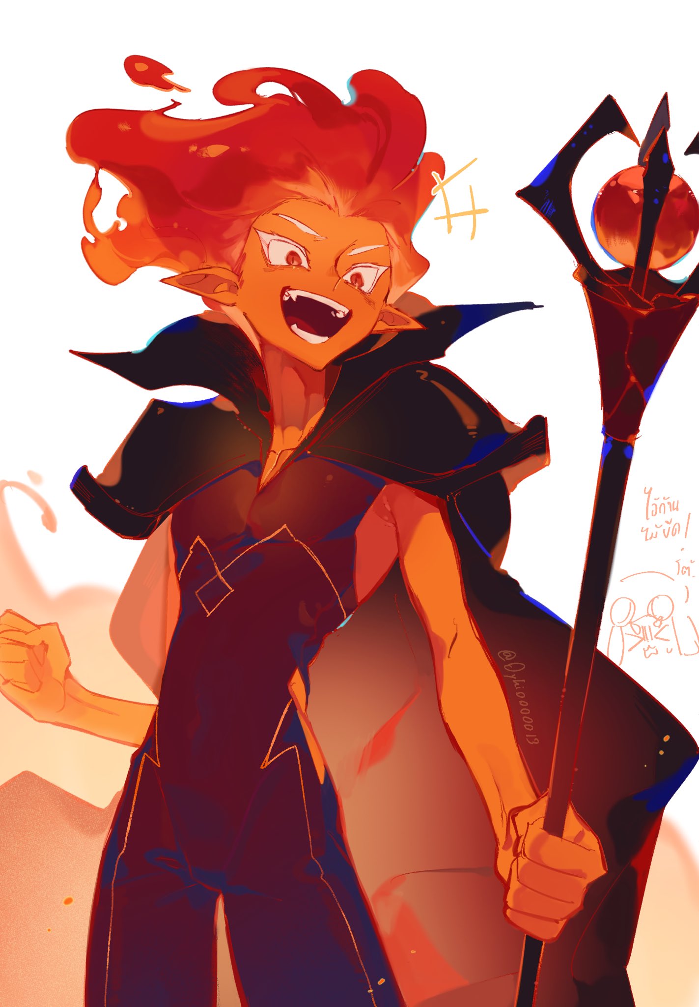 1boy, colored_skin, commentary, cookie_run, cookie_run:_kingdom, fire_spirit_cookie, highres, holding