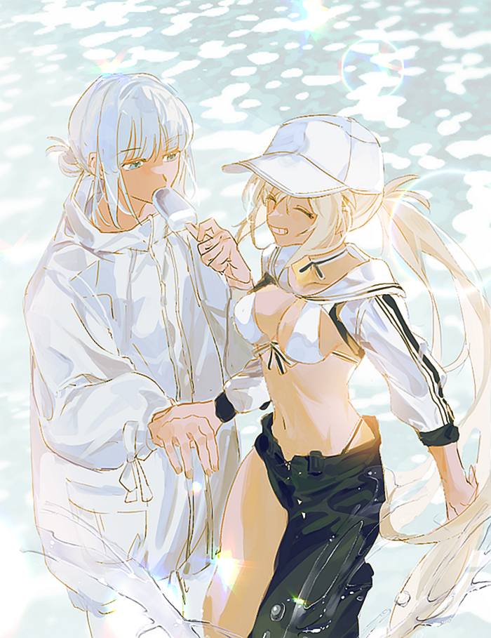 1boy, 1girl, artoria_caster_(fate), artoria_caster_(swimsuit_berserker)_(fate), artoria_pendragon_(fate), blonde_hair, blue_eyes, closed_eyes