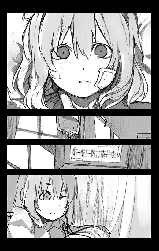 bandage, bed, blood, blood_bag, comic, ekg, hospital_bed, kitsune_(kazenouta)