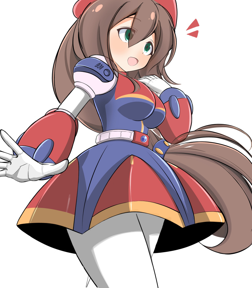1girl, :d, absurdres, android, beret, blush, breasts, brown_hair
