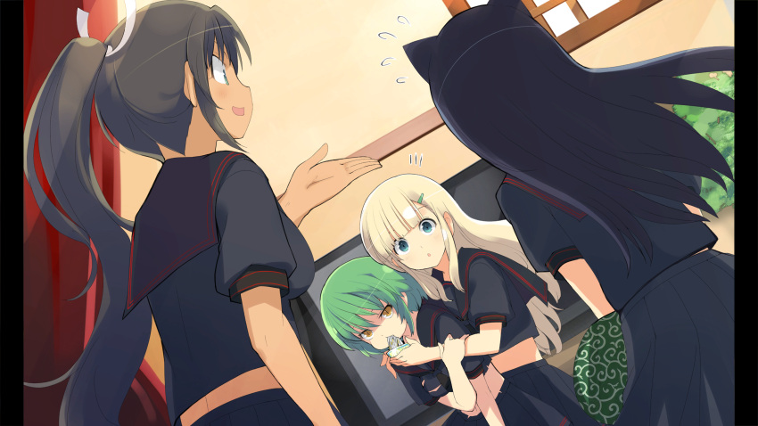 4girls, absurdres, animal_ears, black_hair, black_sailor_collar, black_shirt, black_skirt, blonde_hair