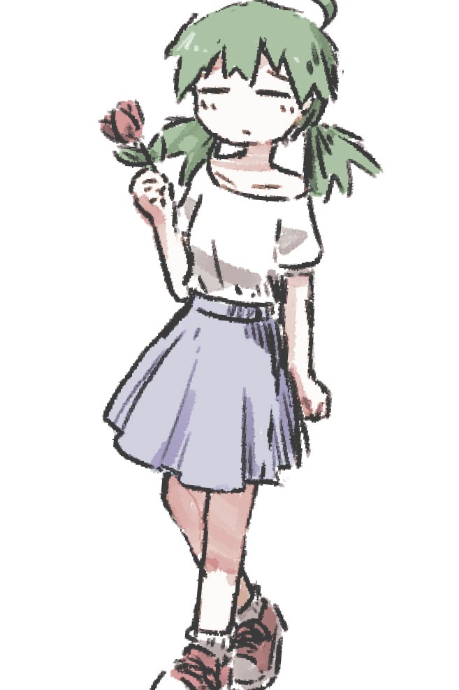 1girl, bad_link, blue_skirt, closed_eyes, flower, green_ribbon, hair_ribbon, holding, holding_flower, nonounno, red_flower, red_shoes, red_tulip, ribbon, shimeji_simulation, shirt, shoes, skirt, sumida_(shimeji_simulation), tulip, white_shirt