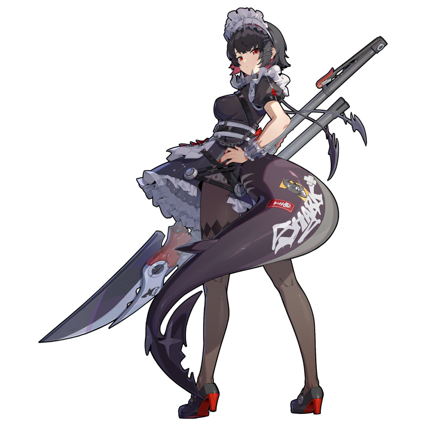 1girl, bad_source, belt, black_dress, black_hair, black_pantyhose, black_shoes, breasts