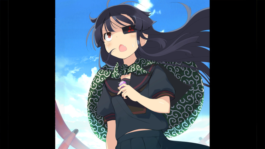 1girl, absurdres, black_hair, black_sailor_collar, black_shirt, black_skirt, blue_sky, blunt_bangs