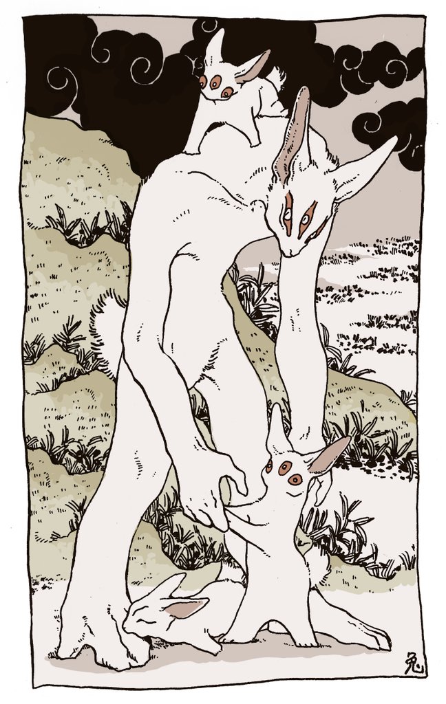 4others, ambiguous_gender, animal_ears, animal_on_back, bent_over, black_cloud, border, colored_inner_animal_ears