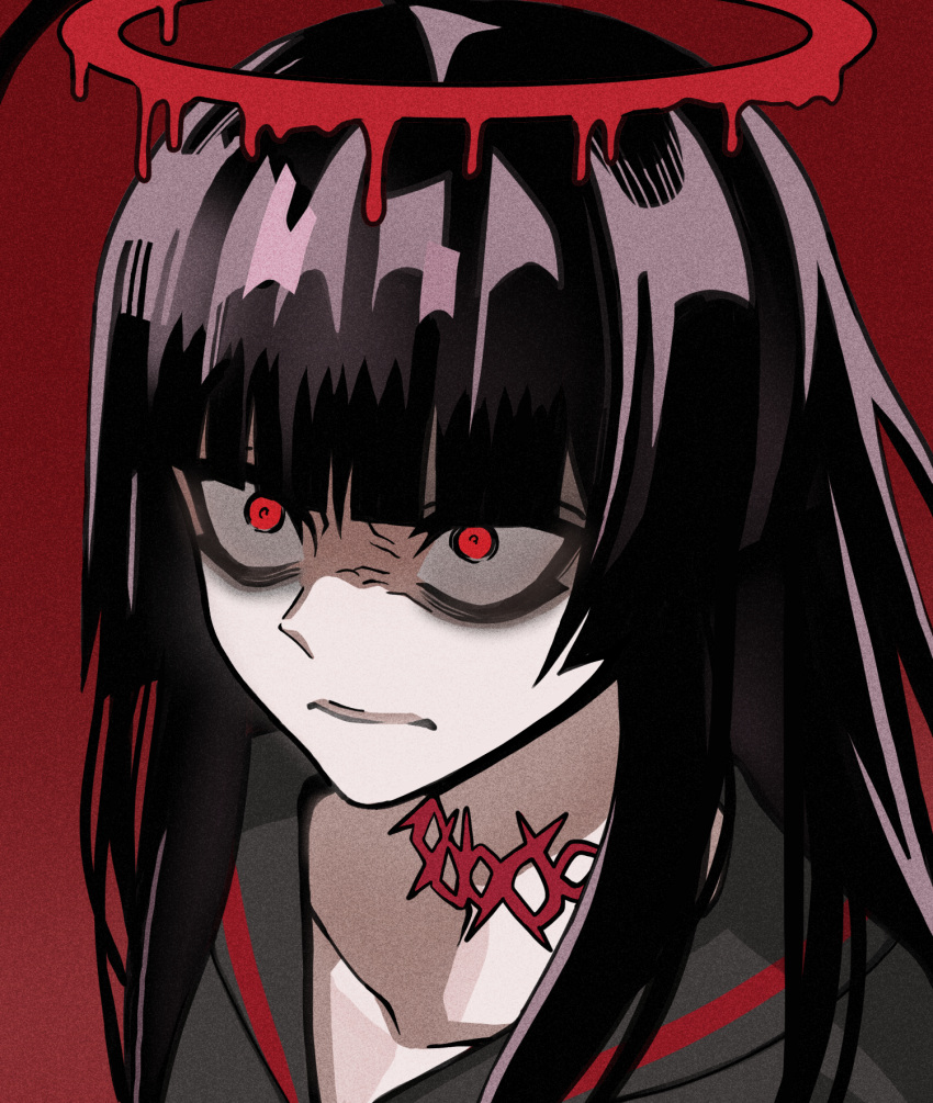 1girl, black_hair, black_serafuku, blood, blood_halo, blue_archive, choker, closed_mouth