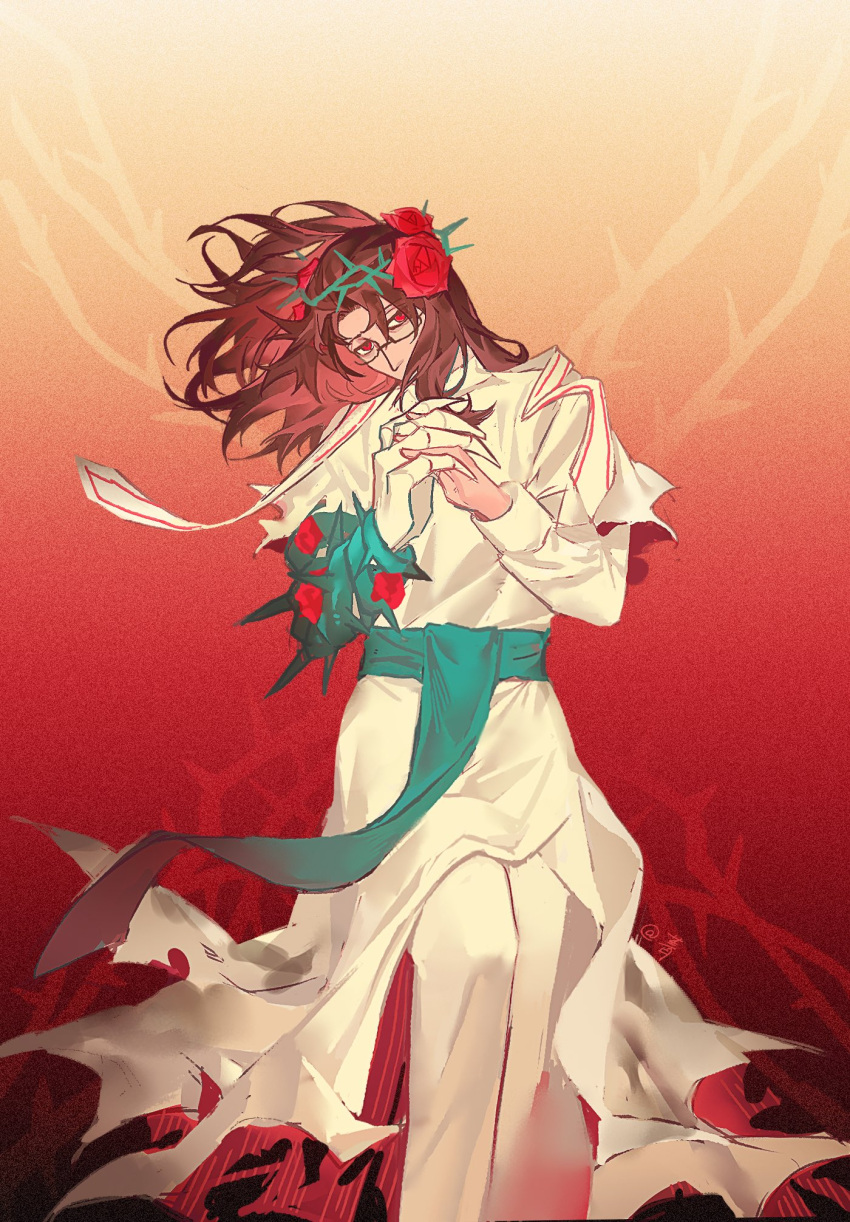 1boy, brambles, brown_hair, crown_of_thorns, e.g.o_(project_moon), flower, garden_of_thorns_(e.g.o), glasses