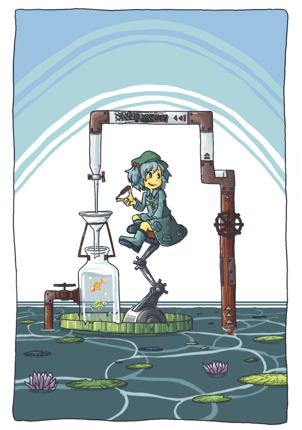 bottle, fish, kawashiro_nitori, kiga3bon, pump, solo, touhou, water