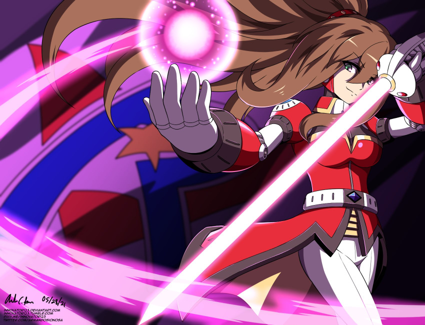 1girl, android, armor, breasts, dated, energy_ball, energy_orb, energy_sword