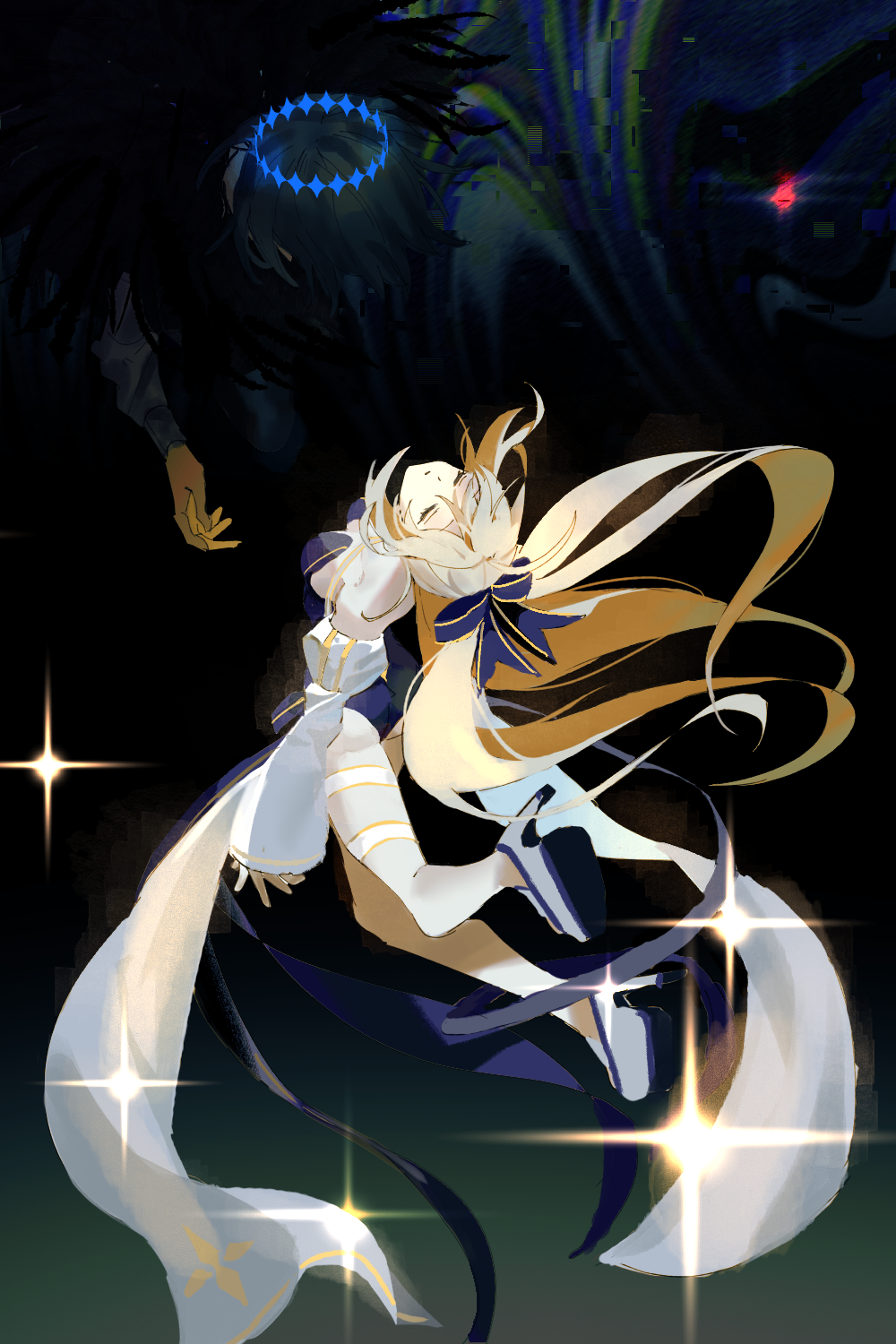 1boy, 1girl, artoria_caster_(fate), artoria_caster_(swimsuit_berserker)_(fate), artoria_caster_(swimsuit_berserker)_(third_ascension)_(fate), artoria_pendragon_(fate), black_hair, blonde_hair