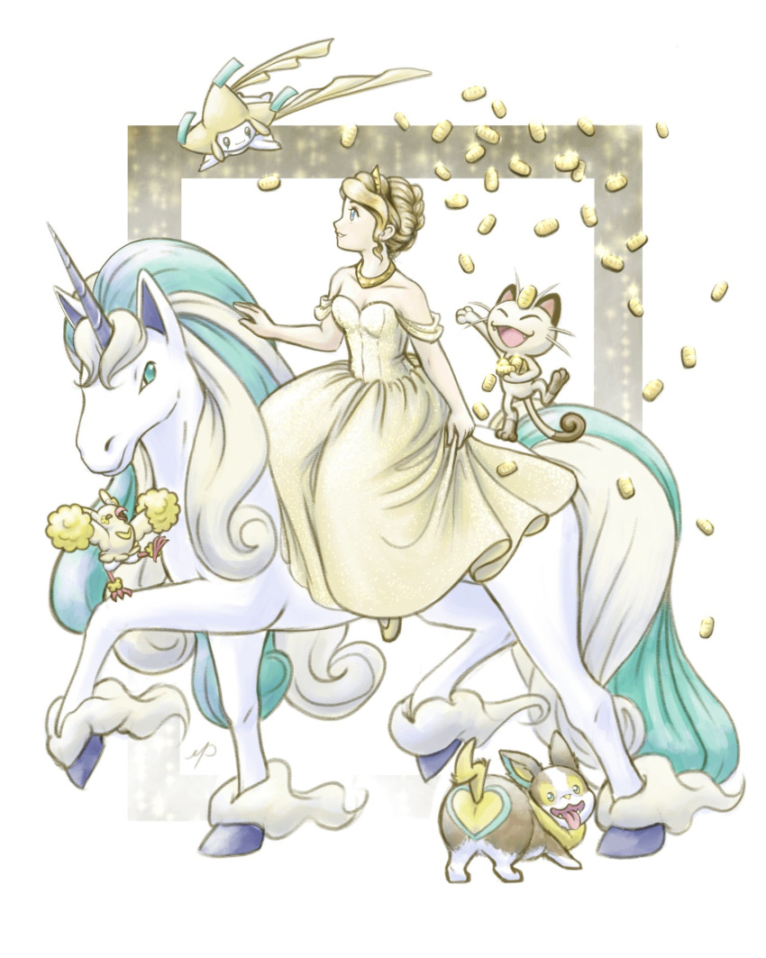 blonde_hair, coin, dress, galarian_rapidash, gold_dress, highres, jirachi, meowth