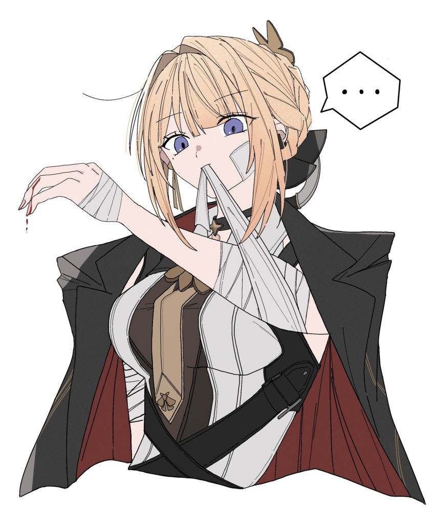 ..., 1girl, bandage_on_face, bandaged_arm, bandages, black_coat, blonde_hair, blood