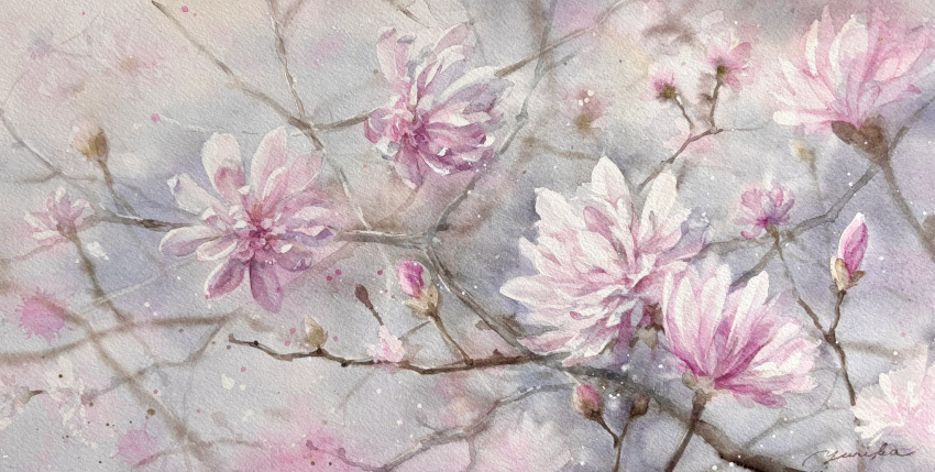 bud, cherry_blossoms, flower, highres, no_humans, ooy33151086, original, painting_(medium)