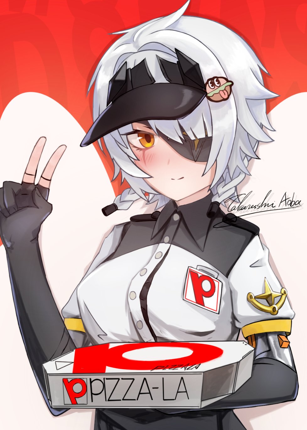 1girl, braided_sidelocks, burger_hair_ornament, collared_shirt, eyepatch, food, food-themed_hair_ornament, hair_ornament, highres, looking_at_viewer, medium_hair, orange_eyes, pizza, scar, scar_across_eye, scar_on_face, shirt, smile, takatoke1192, twiggy_(zenless_zone_zero), upper_body, v, visor_cap, white_hair, white_shirt, zenless_zone_zero